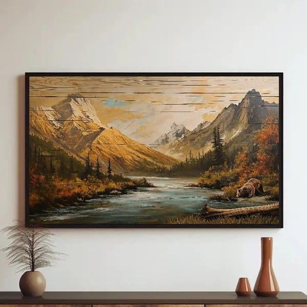 Wood Effect Mountain River Scenery, Rustic Decor Art Print