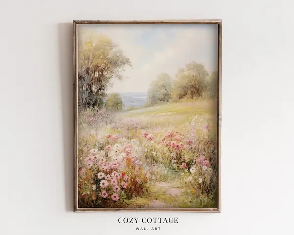 Flower Meadow Vintage-Style Art Print, Spring Decor