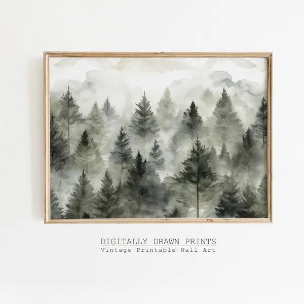 Moody Winter Pine Trees and Snowy Mountains Art Print
