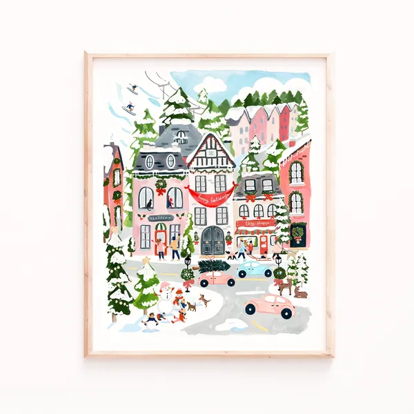 Christmas Village Art Print, Holiday Watercolor Gouache