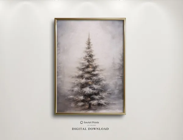 Vintage Moody Christmas Tree Art Print, Farmhouse Decor