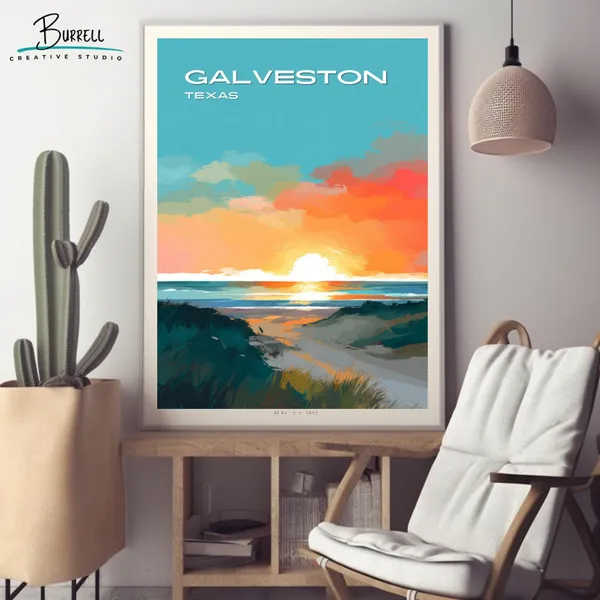 Galveston Texas Beach Sunset Travel Poster