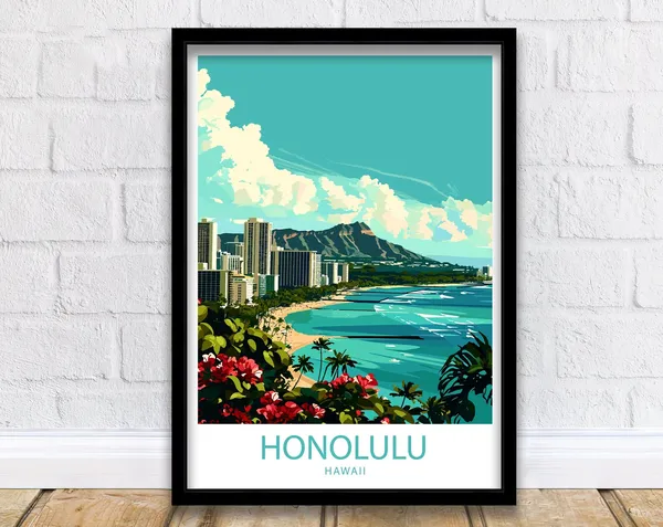 Honolulu Travel Poster, Hawaii City Wall Decor