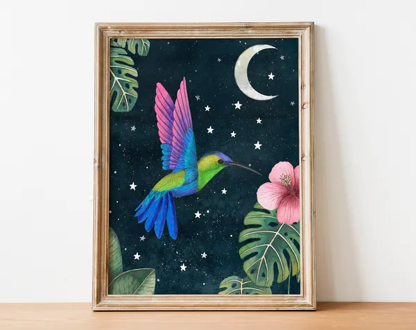 Hummingbird and Moon Night Art Print