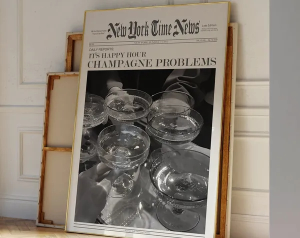 Champagne Problems Newspaper Art Print, Happy Hour