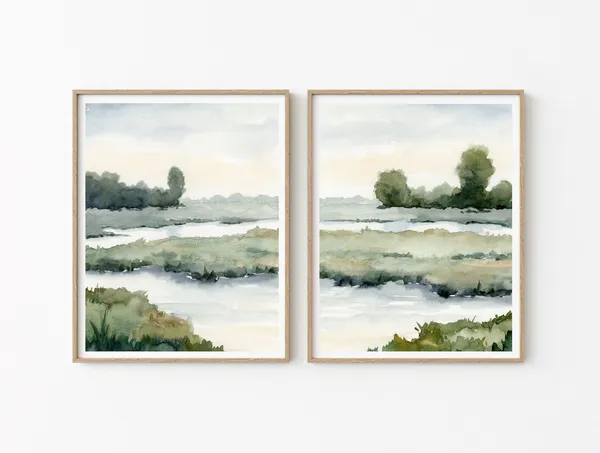 Marsh Watercolor Landscape Set Of 2, Coastal Prints