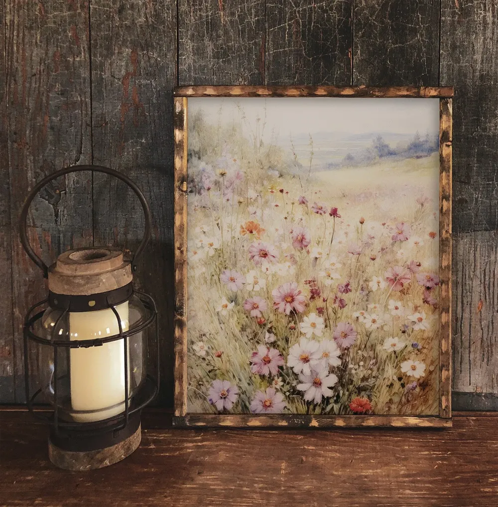 Pink Flower Meadow, Vintage Cottage Spring Art Print - Image 2