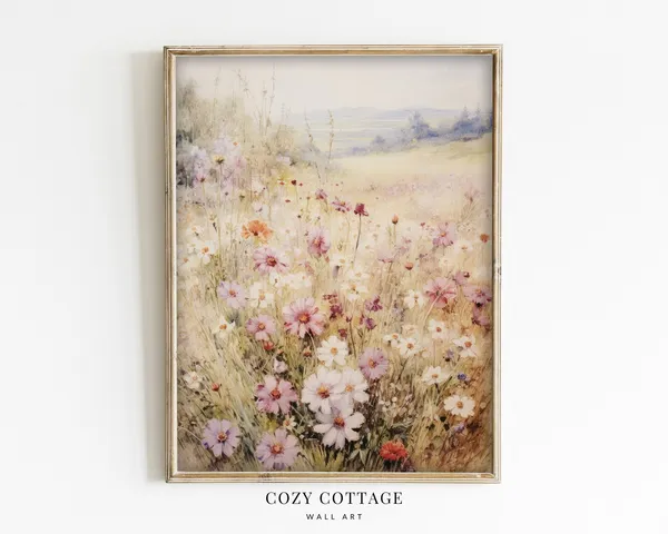 Pink Flower Meadow, Vintage Cottage Spring Art Print