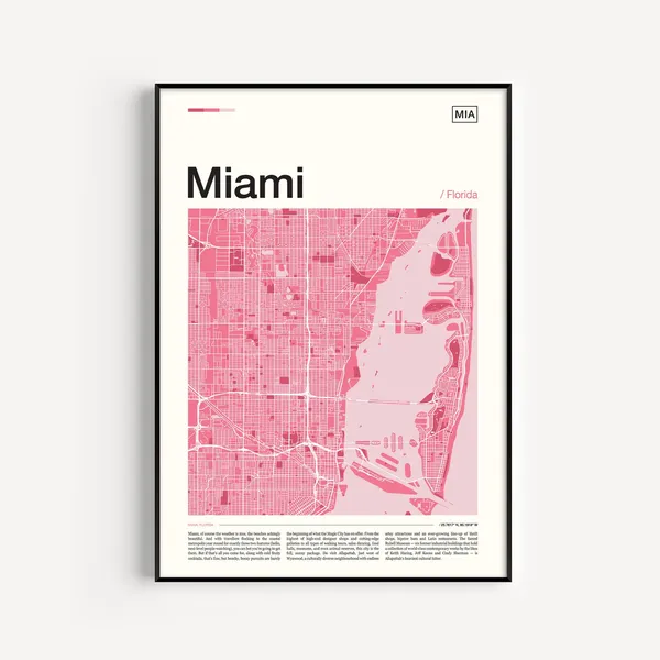 Miami Map Print, Travel Poster For Miami Decor
