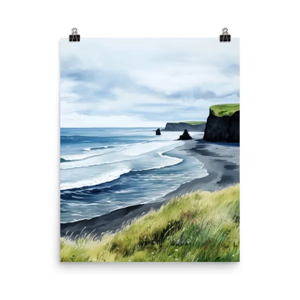 Reynisfjara Watercolor Travel Poster, Iceland Landscape