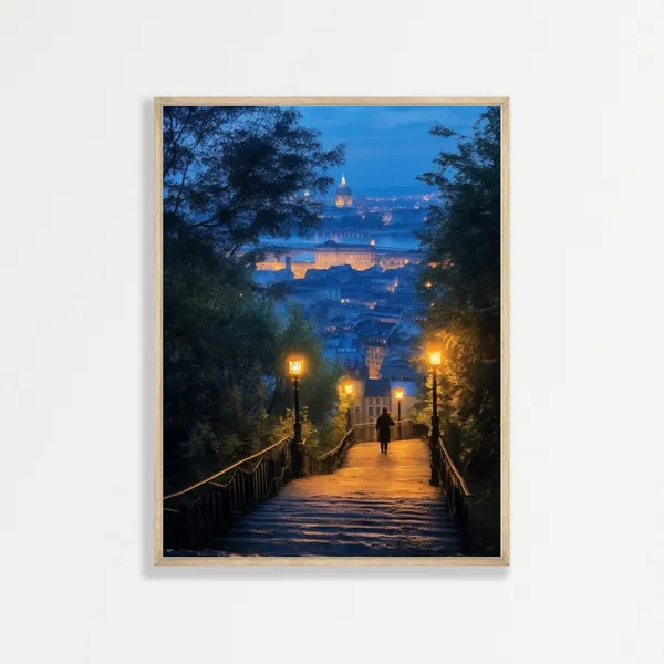 Moody Dark Night Cityscape Vintage Travel Poster