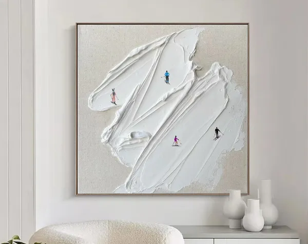 Skier on Snowy Mountain, Plaster Style Art Print