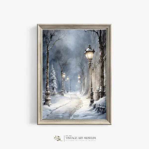Snow Covered Park At Dusk Vintage Watercolor Poster