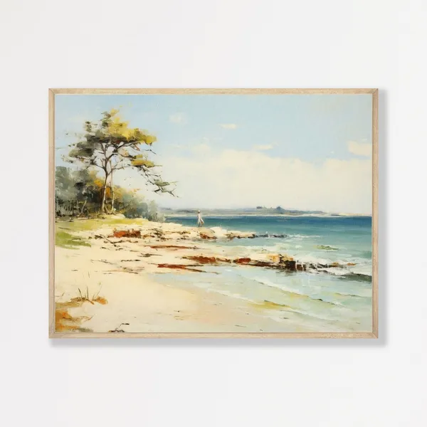 Retro Beach Seascape, Vintage Coastal Art Print