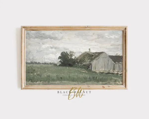 Vintage Old Barn Art, Rustic Sage Green Landscape