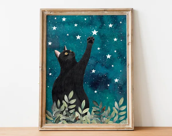 Whimsical Cat Night Sky Kids Room Art Print