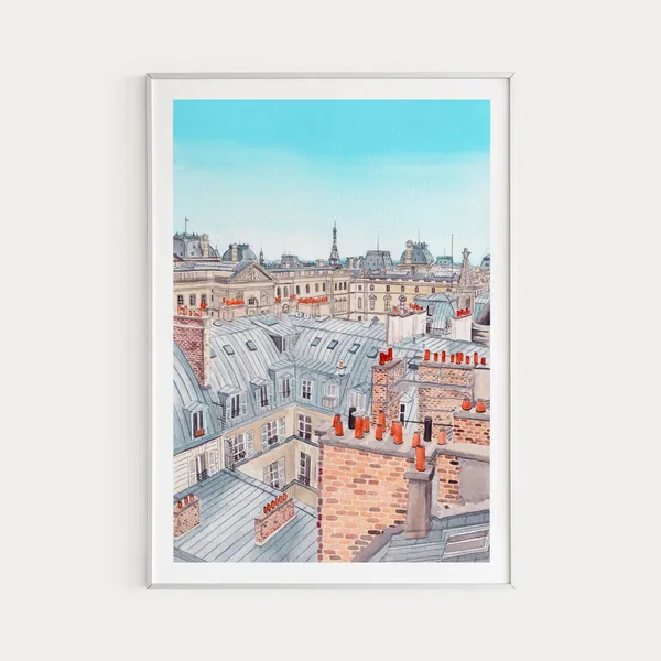 Paris Rooftop Watercolor Art Print, Cityscape