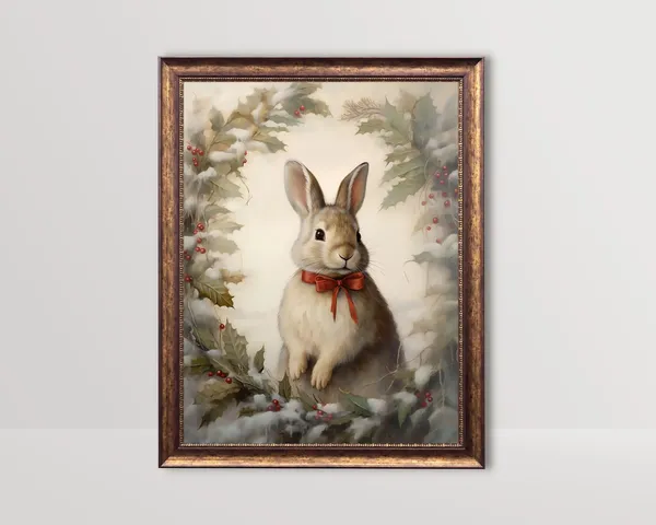 Vintage Winter Rabbit Snowy Forest Art Print