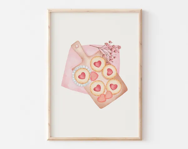 Pink Valentine Cookie Watercolor Print, Minimalist Decor
