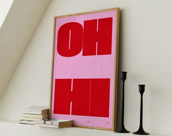 Oh Hi Pink Red Typography Art Print, Retro Welcome