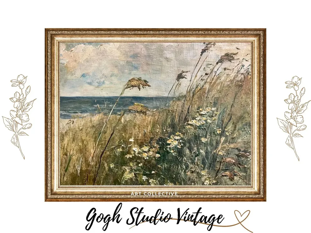 Vintage Beach and Wildflowers Art Print, Coastal Decor