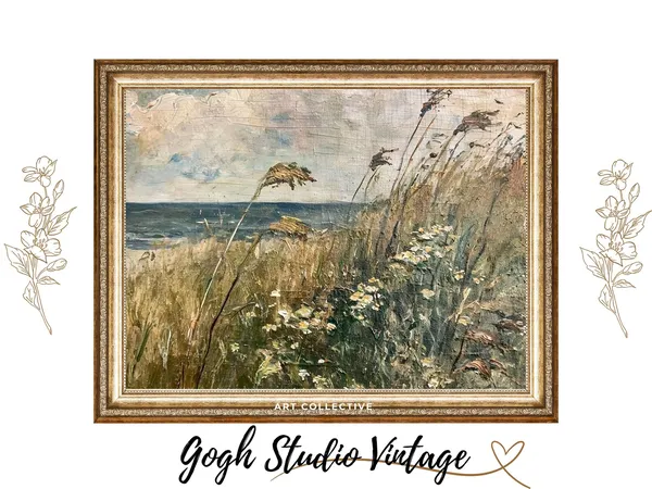 Vintage Beach and Wildflowers Art Print, Coastal Decor