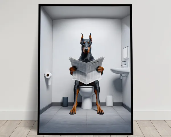 Doberman Reading Newspaper Bathroom Poster Print