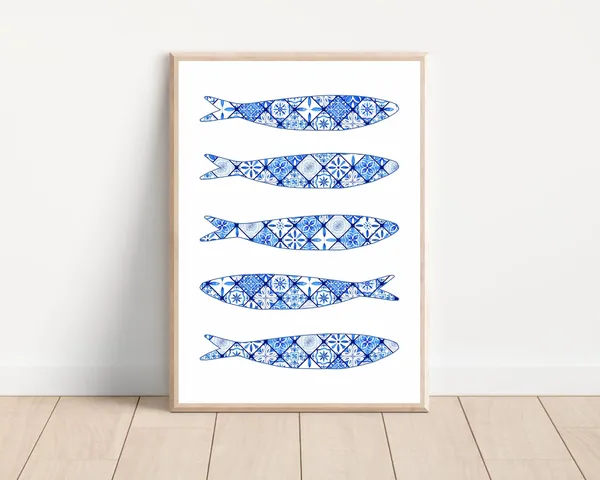 Blue Portuguese Sardine Tile, Boho Kitchen Art Print