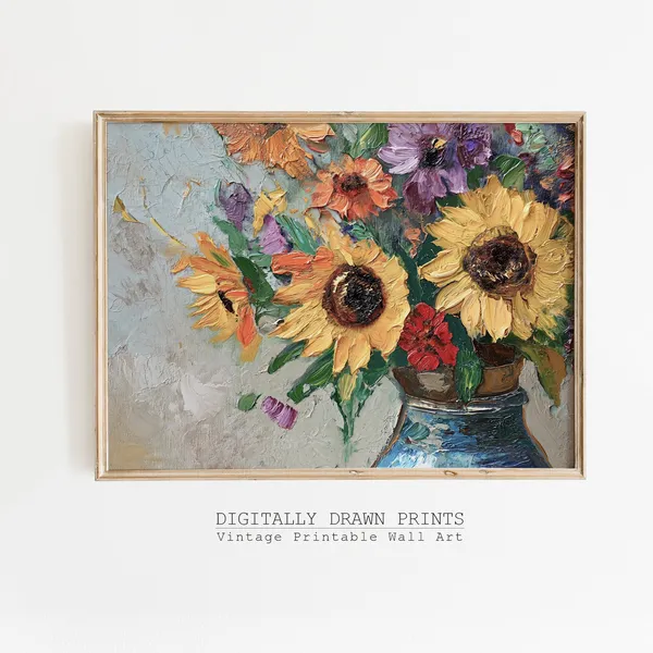 Vintage Sunflowers and Wildflowers Still Life Art Print