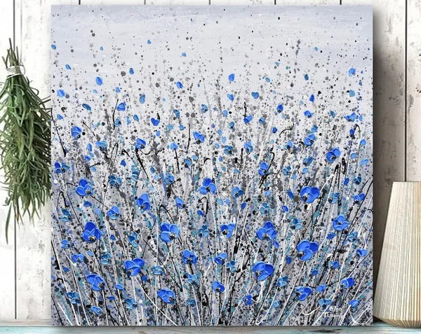 Blue Flowers on Gray Abstract Floral Art Print