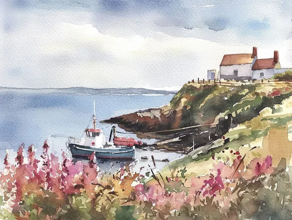 Howth Coastal Watercolor Art Print, Ireland Seascape