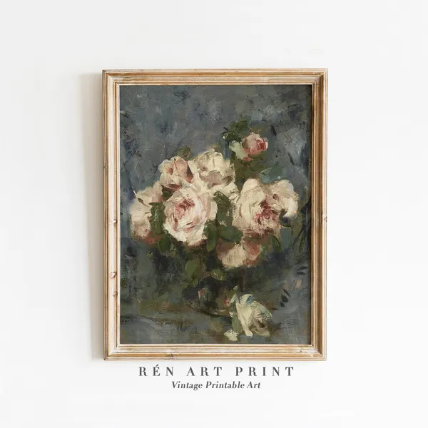 Vintage White Rose Botanical Art Print, Cottagecore
