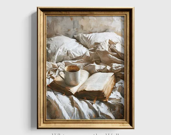 Coffee In Bed Art Print, Neutral Moody Bookish Decor