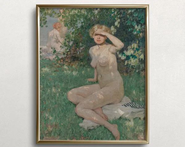 Vintage Nude Figure Art Print, Lake Day Study