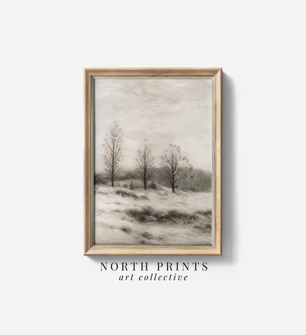 Muted Snowy Winter Landscape Art Print, Farmhouse Decor