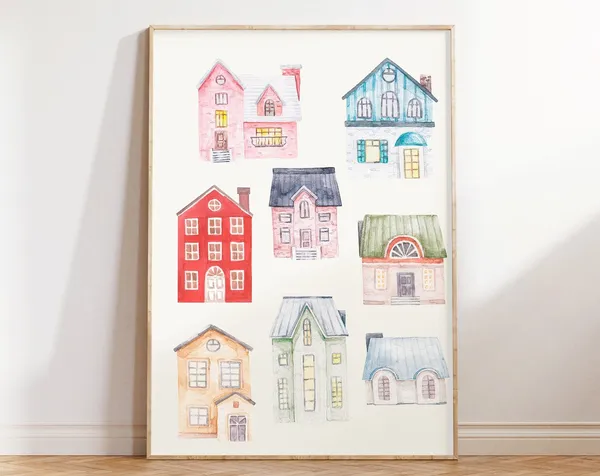 Poppy Village Illustration Print, Vintage Cottagecore Decor