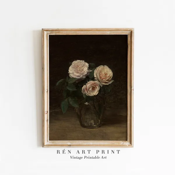 Moody White Rose Painting, Vintage Dark Academia