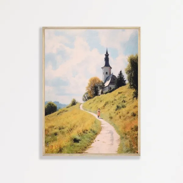Vintage Country Church Landscape Oil Painting Art Print