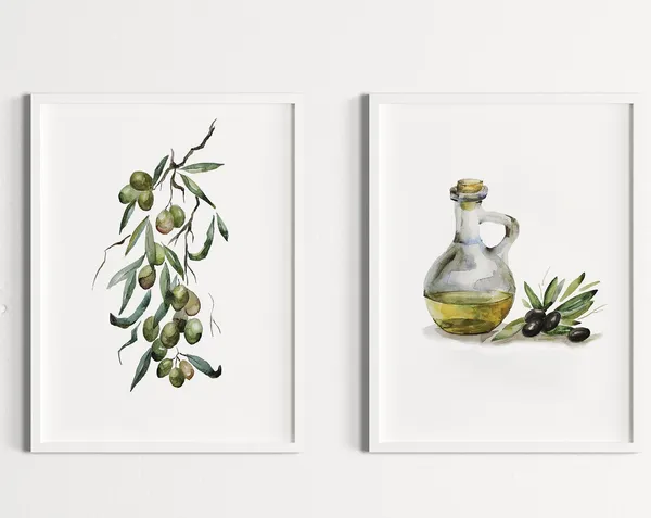 Olive Italy Watercolor Kitchen Art Print Set