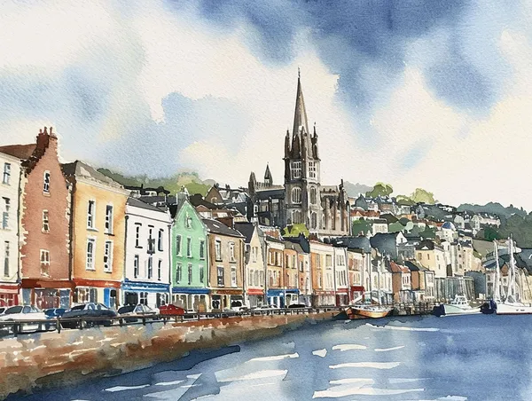 Cobh Ireland Watercolor Travel Poster, Irish Town