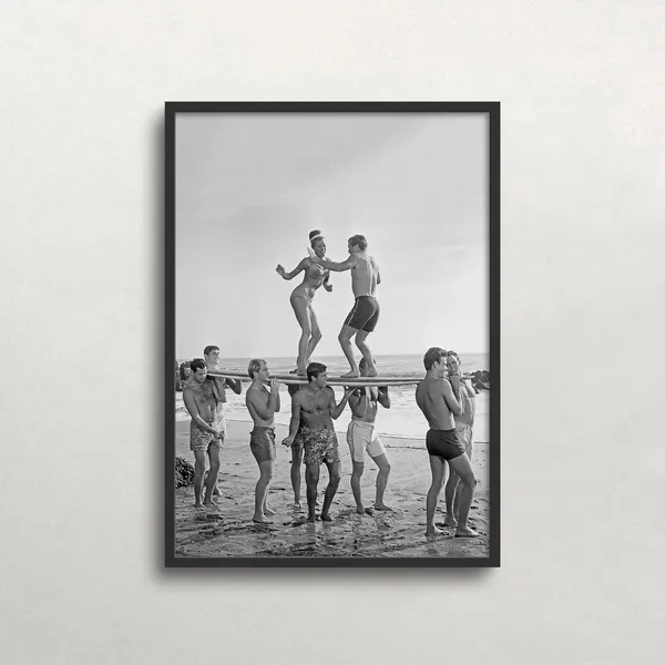 Dancing On Surfboard, Black And White Vintage Beach Art Print