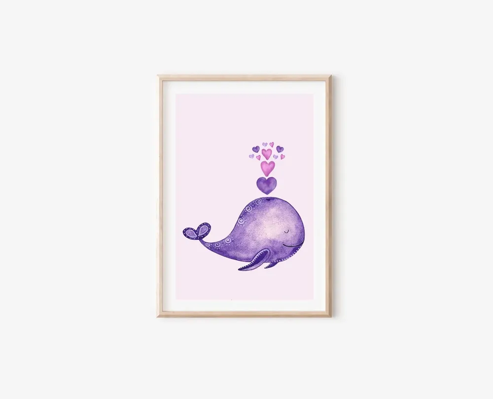 Boho Watercolor Purple Whale Nursery Art Print - Image 4