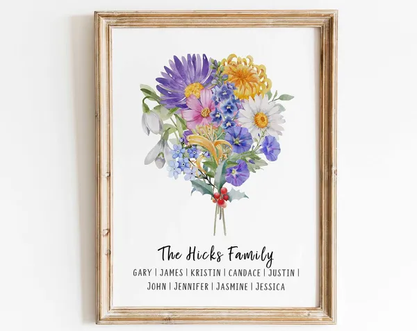 Custom Birth Flower Family Bouquet Christmas Art Print
