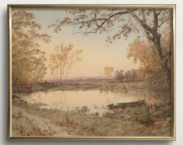 Pond in Autumn, Neutral Moody Autumn Wall Art Print