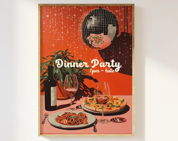 Dinner Party 7pm Till Late Retro Disco Ball Poster