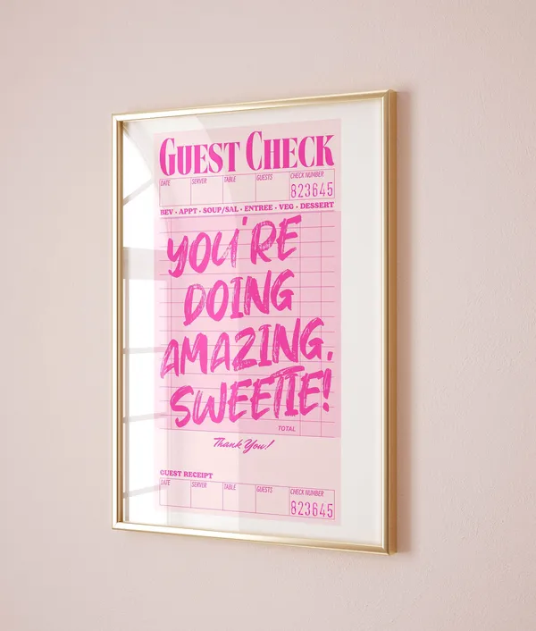 Guest Check Motivational Poster, Pink Room Decor