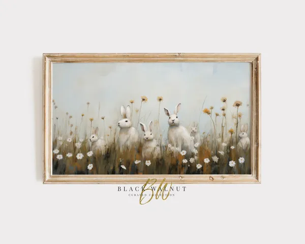 Easter Bunny Rabbits in a Spring Wildflower Field, Art Print