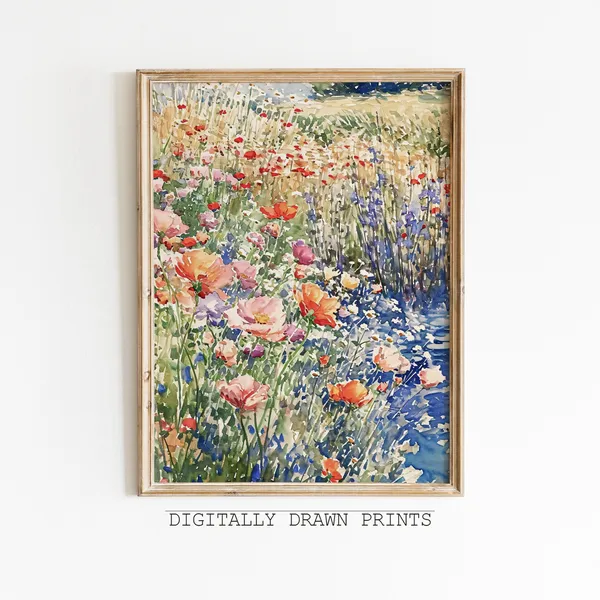 Wildflowers Landscape Art Print, Farmhouse Spring