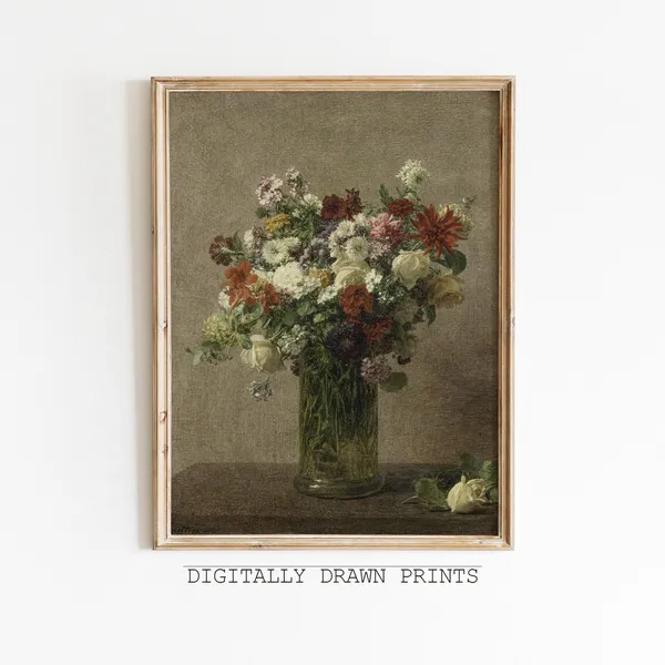 Vintage Moody Flowers Art Print, Dark Academia Botanical