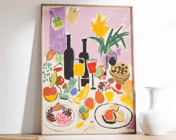 Dinner Table Food Art Print, Retro Vintage Kitchen Decor